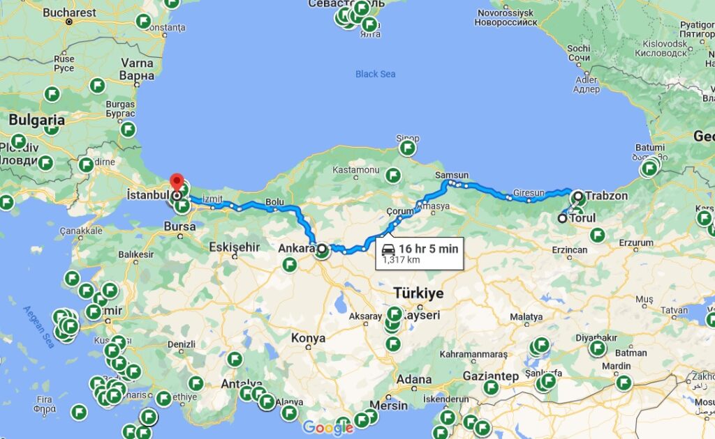 Map showing cities visited on this tour - Trabzon, Ankara and Istanbul
