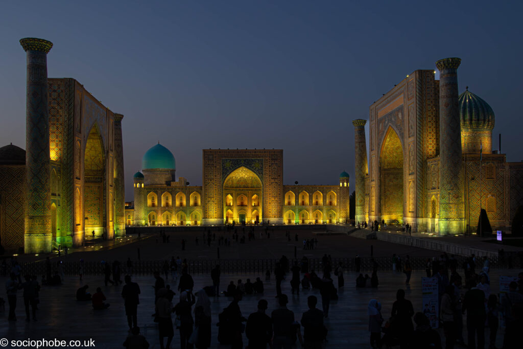 The Registan in Samarkand, illuminated at night