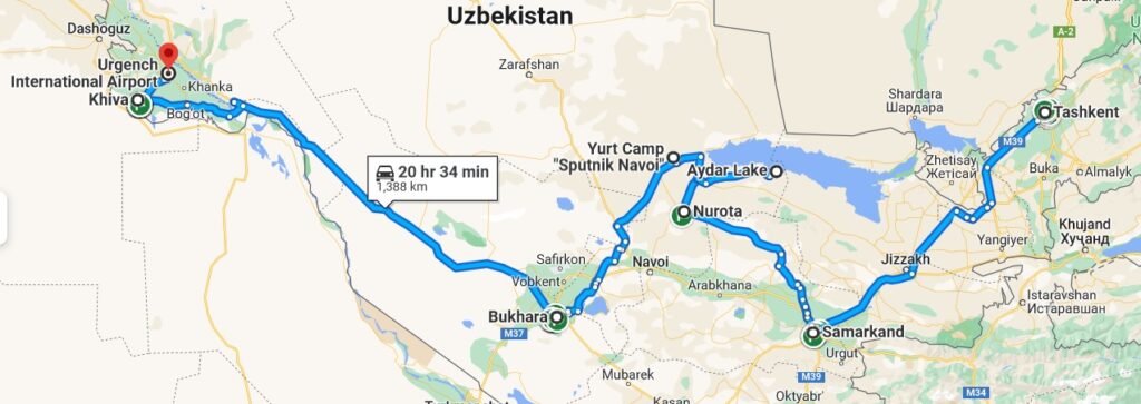 Map showing the route of the tour - travel time shown is wildly optimistic! Route - Tashkent to Samarkand to Nurota to Aydar Lake to Yurt Camp to Bukhara to Khiva and finally Urgench Airport