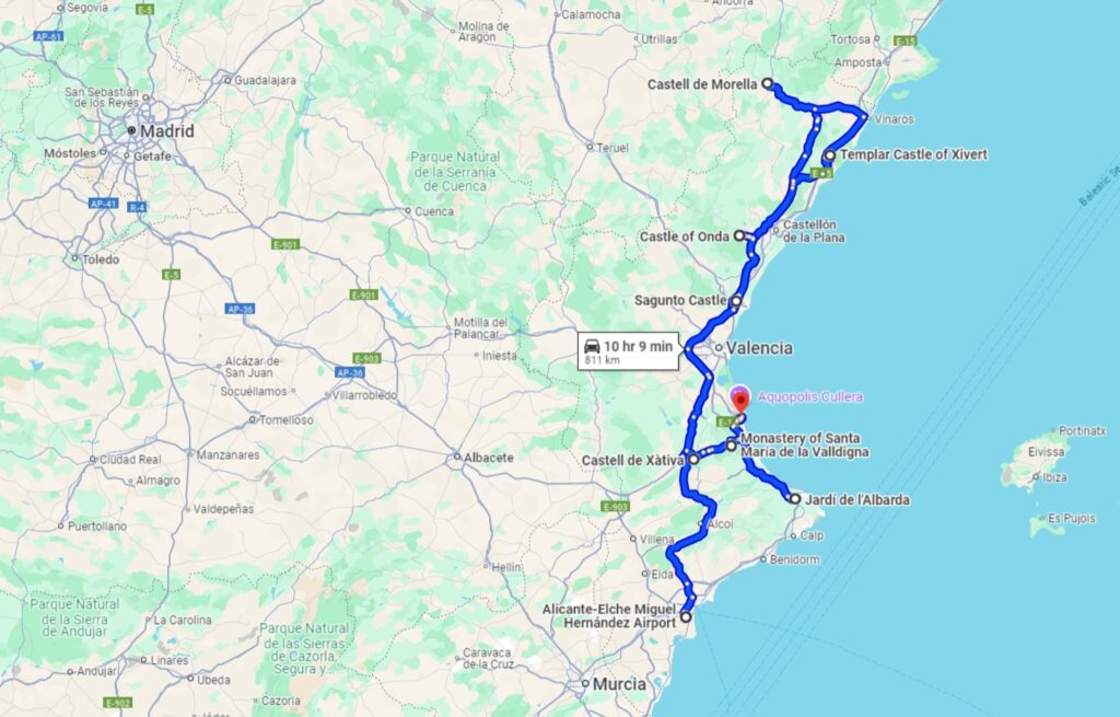 Map showing places visited on our Valencia district road trip